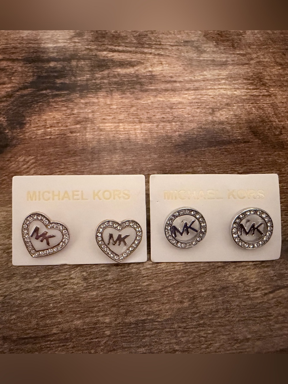Michael Kors Silver Tone MK Heart & Round Crystal Stud Earring Set